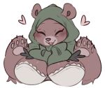 2025 anotherbearsimp anthro bear big_breasts bra breasts brown_body brown_ears brown_fur bust_portrait clothing digital_drawing_(artwork) digital_media_(artwork) english_description eyes_closed female fur furgonomic_headwear furgonomic_hood furgonomics green_hood heart_symbol mama_mellow_(anotherbearsimp) mammal open_mouth open_smile pawpads portrait simple_background smile solo underwear white_background