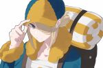  1boy aoi_(altea0923) backpack bag blonde_hair blue_jumpsuit brown_bag closed_mouth collarbone commentary_request grey_eyes hair_over_one_eye hand_on_headwear hand_up hat jumpsuit long_sleeves male_focus pokemon pokemon_(game) pokemon_legends:_arceus short_hair smile solo upper_body volo_(pokemon) white_background yellow_headwear 
