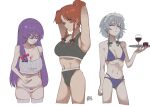  3girls absurdres alcohol armpits arms_up bikini black_panties black_sports_bra blue_bikini blue_panties breasts cup drinking_glass highres holding holding_tray hong_meiling izayoi_sakuya multiple_girls panties patchouli_knowledge red_wine sokura_(mochichitose) sports_bra swimsuit touhou tray underwear white_background white_panties wine wine_glass 