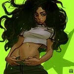  1girl artist_logo black_eyeliner black_hair black_pants brat_(charli_xcx) breasts charli_xcx closed_mouth covered_nipples cowboy_shot cropped_shirt curly_hair denim english_commentary eyeliner floating_hair green_background hair_over_shoulder halftone highres jeans logo long_hair looking_to_the_side makeup medium_breasts mole mole_above_mouth mole_on_nose narrow_waist navel neon_palette pants shirt skcd_loen star_(symbol) star_symbol_background t-shirt tan unworn_pants white_shirt 