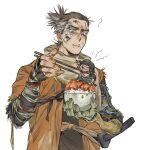  2boys ? ashina_genichirou black_hair blood bow_(weapon) bowl commentary_request food gauze gauze_on_cheek genichiro_cute grey_eyes holding holding_bowl injury jacket katana layered_clothes male_focus meat mechanical_arms mini_person miniboy multiple_boys orange_jacket parted_hair ponytail prosthesis prosthetic_arm scarf sekiro sekiro:_shadows_die_twice short_ponytail short_sleeves single_mechanical_arm sword upper_body weapon weapon_on_back white_background 