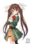  1girl adapted_costume artist_name asymmetrical_legwear black_legwear bow bowtie brown_hair commentary_request cowboy_shot dated dress green_dress hair_between_eyes hair_ribbon highres kantai_collection long_hair looking_at_viewer one-hour_drawing_challenge owa_(ishtail) red_bow red_bowtie ribbon simple_background solo standing tone_(kancolle) tone_kai_ni_(kancolle) twintails uneven_legwear white_background 