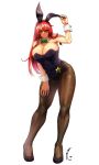  1girl alternate_costume animal_ears bare_shoulders blue_eyes blush bow braid breasts brown_legwear cleavage contrapposto detached_collar fake_animal_ears full_body high_heels highres hong_meiling huge_breasts koyubi_(littlefinger1988) leotard long_hair looking_to_the_side pantyhose playboy_bunny rabbit_ears red_hair simple_background smile solo star_(symbol) thighs touhou twin_braids white_background wrist_cuffs 
