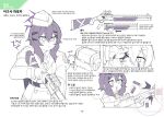  1girl absurdres ammunition blue_archive commentary fabarm_fp6 flukhan garrison_cap gun hair_between_eyes hair_ornament hairclip halo haruka_(blue_archive) hat highres holding holding_gun holding_weapon information_sheet korean_text long_hair long_sleeves looking_at_viewer open_mouth pump_action purple_hair purple_halo reloading shotgun shotgun_shell simple_background solo spot_color translation_request weapon weapon_focus white_background 