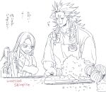  apron bag buttons coat cooking crying crying_with_eyes_open hair_ribbon holding holding_knife juiz_(undead_unluck) knife long_hair monochrome no_eyebrows onion ribbon shiropico shirt shoulder_bag sketch spiked_hair table tears undead_unluck victor_(undead_unluck) wooden_table 