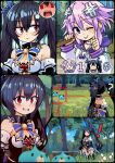  ! ... 2girls ? absurdres aderyn ai-assisted angry black_boots black_dress black_hair boots breasts chibi choujigen_game_neptune competition creature dogoo dress flat_chest forest grass hair_ornament hair_ribbon highres holding holding_sword holding_weapon hood hoodie long_hair medium_breasts multiple_girls nature neptune_(neptunia) neptune_(series) noire_(neptunia) purple_hair purple_shoes red_eyes ribbon score shoes short_hair smirk socks striped_clothes striped_socks sword target_lock tree twintails weapon white_hoodie wooden_sword 