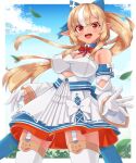  1girl :d bangs bare_shoulders blonde_hair blue_bow blue_sky blush bow breasts cleavage cloud commentary_request day detached_sleeves dress eyebrows_visible_through_hair fuyuki8208 garter_straps gloves hair_between_eyes hair_bow half_gloves highres hololive long_hair long_sleeves looking_at_viewer medium_breasts multicolored_hair pointy_ears ponytail red_eyes shiranui_flare sky sleeves_past_wrists smile solo standing streaked_hair thighhighs very_long_hair virtual_youtuber white_dress white_gloves white_hair white_legwear 