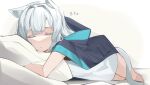  1girl animal_ears arknights bangs cat_ears cat_girl cat_tail cloak closed_mouth colored_eyelashes highres hood hood_down hooded_cloak lying on_side pillow rosmontis_(arknights) signal_1120 sleeping solo symbol-only_commentary tail white_hair zzz 