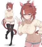  1girl absurdres ahoge animal_ears black_thighhighs blush breasts brown_eyes brown_hair checkered_ribbon closed_mouth commentary_request dantsu_flame_(umamusume) denim denim_shorts ear_covers ear_ornament ear_ribbon hair_between_eyes headband highres horse_ears horse_girl horse_tail large_breasts long_sleeves looking_at_viewer multicolored_hair pink_headband shorts simple_background smile sweater tail take978733141 thighhighs umamusume w white_background white_hair white_sweater 