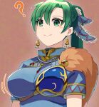  1girl ? blush bouncing_breasts breasts cape closed_mouth clueless dress earrings fire_emblem fire_emblem:_the_blazing_blade fire_emblem_heroes from_below fur_cape green_eyes green_hair high_ponytail jewelry large_breasts long_hair lowres lyn_(brave_lady)_(fire_emblem) lyn_(fire_emblem) motion_lines official_alternate_costume ponytail shira_yu_ki smile solo upper_body very_long_hair 
