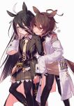 absurd_res agnes_tachyon_(pretty_derby) ahoge animal_humanoid black_bottomwear black_clothing black_coat black_hair black_legwear black_pantyhose black_skirt black_topwear blush bottomwear brown_hair clothed clothing coat cygames duo ear_piercing equid equid_humanoid equine equine_humanoid female female/female hair heart_symbol hi_res horse_humanoid hug humanoid lab_coat laboratory_equipment laboratory_glassware legwear long_hair long_sleeves mammal mammal_humanoid manhattan_cafe_(pretty_derby) masanaga_(tsukasa) necktie open_clothing open_coat open_topwear pantyhose piercing red_eyes scientific_instrument short_hair simple_background skirt standing sweater test_tube topwear uma_musume_pretty_derby white_background yellow_clothing yellow_eyes yellow_necktie yellow_sweater yellow_topwear