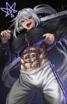  1girl :p abs alternate_body_size alternate_muscle_size back_tattoo baseball_bat biceps blood blood_on_face blood_on_hands breasts bruise bruise_on_face bulge clothes_lift covered_penis fang flexing futanari grey_hair groin highres higuchi_kaede holding holding_baseball_bat ike_(pixiv87705047) injury jacket jacket_lift large_breasts lifting_own_clothes long_hair looking_at_viewer metal_baseball_bat muscular muscular_female nail_(hardware) nail_bat navel nijisanji number_tattoo obliques open_mouth pants ponytail pubic_tattoo purple_eyes purple_sports_bra shirt_lift slit_pupils smile solo sports_bra standing stomach stomach_tattoo tall_female tattoo text_tattoo thick_thighs thighs tight_clothes tongue tongue_out track_jacket track_pants track_suit veins veiny_hands very_long_hair 