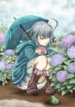  1girl absurdres ahoge akinatto boots brown_boots brown_eyes coat convenient_leg flower frog full_body girlfriend_(kari) grey_hair highres hydrangea long_hair natsume_mahiro outdoors rain rubber_boots skirt snail solo squatting umbrella 