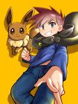  1boy absurdres bangs blue_pants blue_shirt brown_hair clenched_hand cloak eevee green_eyes grn highres long_sleeves looking_at_viewer male_focus pants pokemon pokemon_(anime) pokemon_(classic_anime) pokemon_(creature) shirt short_hair smile spiked_hair teeth yellow_background zou_jiang 