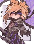  1boy armor black_armor black_mask blonde_hair blym7oym7759061 bodystocking border chibi chibi_only clawed_gauntlets cloud_strife cloud_strife_(bahamut_garb) covered_eyes eye_mask facial_mark feet_out_of_frame final_fantasy final_fantasy_vii final_fantasy_vii:_ever_crisis grey_background highres holding holding_sword holding_weapon male_focus mask short_hair shoulder_armor single_wing solo sparkle spiked_hair sword weapon white_border wings 