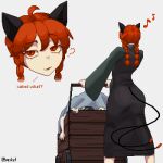  ? ahoge animal_ears ass black_dress braid cat_ears cat_girl cat_tail clueless corpse dress from_behind green_shirt kaenbyou_rin long_sleeves multiple_tails musical_note pixel_art red_eyes red_hair shirt standing tail touhou twin_braids twitter_username two_tails vexkaf wheelbarrow 