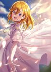  1girl :d dress english_commentary evening hair_between_eyes highres long_hair looking_at_viewer looking_back love_live! love_live!_superstar!! orange_hair outstretched_arms petals purple_eyes ranemu shibuya_kanon short_sleeves sidelighting signature sky smile spread_arms teeth tongue upper_teeth white_dress 