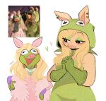  1boy 1girl animal_ears animal_hood artist_name bare_shoulders blonde_hair blush breasts cosplay crossdressing crossdressing_(mtf) dress eyeshadow fake_animal_ears fake_nose feather_boa frog_boy frog_hood furry furry_female furry_male gloves green_dress green_eyeshadow green_gloves hair_between_eyes heart heart-shaped_pupils highres hood jewelry kermit_the_frog kermit_the_frog_(cosplay) long_hair looking_at_another makeup medium_breasts miss_piggy miss_piggy_(cosplay) muppets necklace open_mouth own_hands_clasped own_hands_together pearl_necklace pig_girl pig_nose pink_dress plump purple_gloves reference_inset revauri smile symbol-shaped_pupils upper_body white_background 
