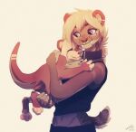  2017 anthro blonde_hair bottomwear brown_body clothed clothing collar digital_media_(artwork) duo ear_piercing embrace eyebrows falla_(f-r95) fangs felid female feral fur hair hi_res holding_animal hug lutrine machairodontine mammal mustelid pet piercing purple_eyes sabertooth_(anatomy) signature simple_background smile unknowhiter 