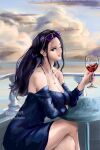  1girl black_hair blue_nails breasts cleavage cloud commentary cup drinking_glass earrings eyewear_on_head highres holding holding_cup instagram_username jewelry long_hair looking_at_viewer necklace nico_robin one_eye_closed one_piece outdoors profile purple-tinted_eyewear sidelocks sitting solo stupidtako tinted_eyewear wine_glass 