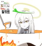  1girl black_choker blue_archive boiling burning choker colored_skin cooking_pot cross-shaped_pupils dress fire food food_on_head gulyas hair_between_eyes halo highres ladle long_hair malkuth_(blue_archive) object_on_head orange_eyes pixel_art potato reference_inset scene_reference single_sidelock soup spring_onion symbol-shaped_pupils white_dress white_hair white_skin yellow_halo 