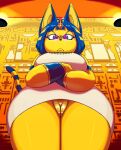  2022 animal_crossing ankha_(animal_crossing) anthro clothed clothing crossed_arms digital_media_(artwork) domestic_cat eyebrows felid feline felis female front_view genitals hair hi_res looking_at_viewer low-angle_view mammal nintendo pakaproductions pussy solo video_games 