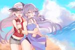  2girls absurdres beach belt blue_sky closed_eyes cloud crepe day dual_persona food fu_hua fu_hua_(herrscher_of_sentience) hat highres honkai_(series) honkai_impact_3rd ice_cream ice_cream_cone long_hair looking_at_viewer multiple_girls ocean open_mouth outdoors shorts sky yuri yuyuyu_starrail 