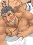  2boys anal bara beard completely_nude dagon_(housamo) dark-skinned_male dark_skin drooling facial_hair grey_hair jewelry large_pectorals lying male_focus mature_male multiple_boys muscular muscular_male necklace nude on_stomach out_of_frame overflow pectorals sex short_hair shumeru_hito_(a_sumerian0112) sideburns solo_focus sweat tentacles textless tokyo_afterschool_summoners yaoi 