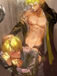  2boys abs anal ass bare_pectorals belt black_pants blonde_hair blush bound bound_arms cigarette cum cum_in_ass hand_on_another&#039;s_head jacket leaning_forward male_focus multiple_boys navel nipples one_piece open_belt open_clothes open_fly open_jacket open_shirt overflow pants pectorals roronoa_zoro runa_(artist) sanji sex sex_from_behind short_hair shower_(place) showering sideburns smoke smoking stomach sweat toned toned_male tongue tongue_out yaoi 