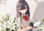  1girl black_hair bow camera collared_shirt commission flower hair_bow hair_ornament hairclip holding long_hair looking_at_viewer minn_(kangjm1107) original parted_lips red_eyes shirt short_sleeves solo upper_body white_flower white_shirt 