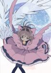  1girl absurdres animal_ears bell brown_hair cardcaptor_sakura cat_ears cat_tail child closed_mouth dress edoya_inuhachi feet_out_of_frame green_eyes highres kinomoto_sakura magical_girl neck_bell pink_dress solo star_(symbol) tail 