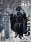  2022 abstract_background absurd_res anthro armor biped blaidd_(elden_ring) canid canine canis cloak clothing digital_media_(artwork) elden_ring eruprior fangs fromsoftware fur fur_collar gauntlets gloves greatsword grey_body grey_fur handwear hi_res holding_object holding_sword holding_weapon jewelry male mammal melee_weapon necklace offering_hand sabatons solo sword video_games weapon wolf 