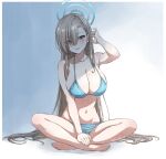  1girl alternate_costume asuna_(blue_archive) asymmetrical_bangs bangs bare_legs barefoot bikini blue_archive blue_bikini blue_nails blush breasts cleavage commentary crossed_legs eyebrows_visible_through_hair eyes_visible_through_hair full_body fuusuke_(fusuke208) grey_background hair_between_eyes halo highres indian_style large_breasts light_brown_hair long_hair looking_at_viewer mole mole_on_breast nail_polish navel parted_lips shade simple_background sitting smile solo stomach swimsuit toenail_polish toenails twitter_username very_long_hair white_background 