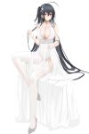 1girl absurdres azur_lane bangs bare_arms bare_shoulders black_hair bracelet breasts cleavage commentary_request cowlick crossed_bangs dress eyebrows_visible_through_hair flower full_body garter_straps grey_footwear hair_between_eyes hair_flower hair_ornament high_heels highres huge_breasts jewelry knee_up kuyoumi lifted_by_self long_dress long_hair long_legs looking_at_viewer off_shoulder one_side_up parted_lips red_eyes shadow sitting sleeveless sleeveless_dress solo taihou_(azur_lane) taihou_(temptation_on_the_sea_breeze)_(azur_lane) thighhighs very_long_hair white_background white_dress white_legwear 