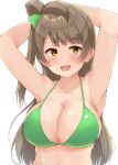  1girl armpits arms_behind_head arms_up bangs bare_shoulders bikini blunt_bangs blush breasts cleavage collarbone dot_nose eyebrows_visible_through_hair green_bikini highres large_breasts long_hair love_live! love_live!_school_idol_project minami_kotori open_mouth shinonon_(iso_shino) shiny shiny_hair shiny_skin simple_background skindentation smile solo string_bikini swimsuit tongue upper_body white_background yellow_eyes 