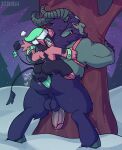  anal anal_penetration balls bitebox64 bito_(bitebox64) demon duo ear_piercing genitals hi_res imp krampus male male/male outside penetration penis piercing size_difference small_dom_big_sub snow 