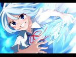  1girl blue_bow blue_dress blue_eyes blush bow breasts cirno cleavage collarbone collared_shirt dress grin hair_bow highres ice ice_wings light_blue_hair medium_breasts neck_ribbon puffy_short_sleeves puffy_sleeves ribbon s_mika2000 shirt short_sleeves smile solo touhou white_shirt wings 