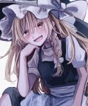  1girl :d absurdres annin_cha apron arm_support black_headwear black_skirt black_vest blonde_hair blush bow braid commentary_request elbow_on_knee frilled_hat frills hair_bow hand_on_own_cheek hand_on_own_face hat hat_bow highres long_hair looking_at_viewer puffy_short_sleeves puffy_sleeves shirt short_sleeves skirt smile touhou upper_body vest waist_apron white_apron white_bow white_shirt witch_hat yellow_eyes 
