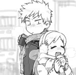  1boy 1girl bleach can closed_eyes coat earmuffs food greyscale holding holding_can holding_food inoue_orihime kurosaki_ichigo long_hair long_sleeves looking_at_another monochrome muraosa_(conjecture) open_mouth scarf short_hair spiked_hair teeth upper_body upper_teeth 