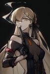  1girl bare_shoulders blowing_smoke breasts girls&#039;_frontline gun highres light_brown_eyes light_brown_hair long_hair mod3_(girls&#039;_frontline) parted_lips ppk_(girls&#039;_frontline) small_breasts smoke smoking_gun solo sonnambulo777 suppressor very_long_hair walther weapon 