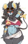  1girl absurdres animal_ears arm_behind_head black_fur black_hair blue_fur breasts cleavage clothes_pull colored_sclera eyewear_on_head fur furry furry_female heart highres large_breasts long_hair looking_at_viewer luxray navel pokemon red_sclera round_eyewear shorts shorts_pull simple_background solo sunglasses tail underboob white_background white_shorts yellow_eyes yuio58ok 