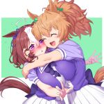  2girls :d ^_^ animal_ears asymmetrical_docking blush breast_press breasts brown_hair closed_eyes commentary_request green_background hair_between_eyes highres horse_ears horse_girl horse_tail hug large_breasts looking_at_another meisho_doto_(umamusume) multicolored_hair multiple_girls onsoku_inu orange_hair pleated_skirt ponytail purple_eyes school_uniform short_hair short_sleeves simple_background skirt smile streaked_hair taiki_shuttle_(umamusume) tail tracen_school_uniform two-tone_background umamusume white_background white_hair white_skirt 