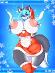  absurd_res aceymari anthro areola big_areola big_breasts big_nipples blush bodily_fluids breasts canid canine canis christmas domestic_dog fangs female hanul hi_res holidays huge_breasts lactating mammal nipples one_eye_closed snow snowflake solo wide_hips 