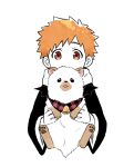  1boy animal bleach brown_eyes burn_the_witch choko_egg crossover dog highres holding holding_animal holding_dog japanese_clothes kurosaki_kazui long_sleeves looking_at_viewer male_focus orange_hair osushi_(burn_the_witch) short_hair solo upper_body 