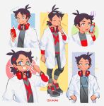  1boy antenna_hair bangs bespectacled black_hair blue_eyes blush closed_mouth commentary_request eyelashes glasses goh_(pokemon) grey_footwear grey_shirt hands_in_pockets headphones highres holding holding_phone labcoat male_focus multiple_views notice_lines older pants phone pokemon pokemon_(anime) pokemon_swsh_(anime) shirt shoes short_hair smile soulubles split_mouth standing 