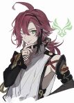  1boy ahoge armor finger_to_own_chin fishnets genshin_impact green_eyes highres japanese_armor japanese_clothes kote kurokote long_hair looking_at_viewer low_ponytail male_focus mole mole_under_eye one_eye_closed red_hair shikanoin_heizou slit_pupils smile yukidama_cocoa 