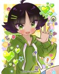  ! 1girl ahoge artist_name avocado bangs bird black_hair blue_shorts blush buttercup_(ppg) cherry english_commentary eyebrows_visible_through_hair eyelashes food forehead fruit green_eyes green_sleeves hair_ornament hairclip harajukushrimp heart highres hood hoodie long_sleeves multicolored_hair open_mouth parted_bangs paw_print powerpuff_girls purple_hair shorts solo speech_bubble squid star_(symbol) sticker strawberry teeth two-tone_hair upper_teeth v-shaped_eyebrows 