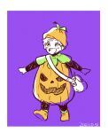  1boy black_shirt bleach blush choko_egg costume dated full_body halloween_costume happy highres jack-o&#039;-lantern kurosaki_kazui long_sleeves looking_at_viewer male_focus open_mouth orange_footwear pumpkin_costume shirt short_hair simple_background solo teeth upper_teeth 