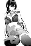  1girl bangs blunt_bangs blush bra breasts cleavage closed_mouth clothes_lift eyebrows_visible_through_hair greyscale hair_between_eyes hair_ribbon haitekudasai_takamine-san hiiragi_yuuichi lace-trimmed_bra lace-trimmed_panties lace_trim large_breasts lifted_by_self long_hair long_sleeves looking_at_viewer midriff monochrome navel panties ribbon shirt shirt_lift simple_background sitting skirt smile solo takamine_takane thighhighs thighs underwear very_long_hair white_background 