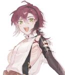  1boy ahoge brown_hair genshin_impact green_eyes highres japanese_clothes long_hair looking_at_viewer low_ponytail male_focus mole mole_under_eye mtn multicolored_hair open_mouth red_hair shikanoin_heizou sleeveless smile two-tone_hair 